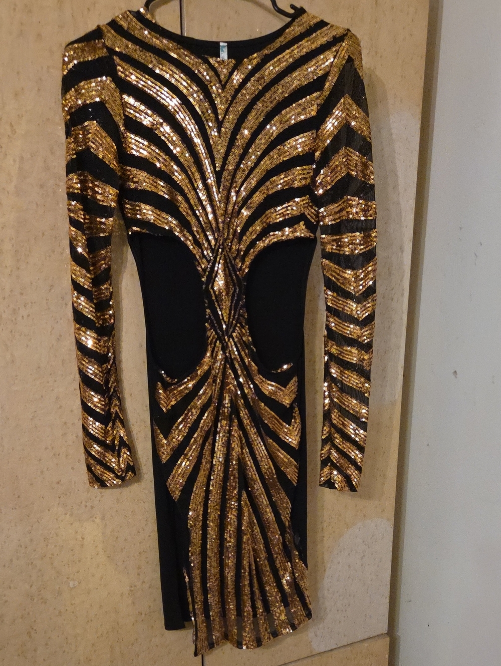 Auditions Black and Gold Sequin Long Sleeve Cutout Dress